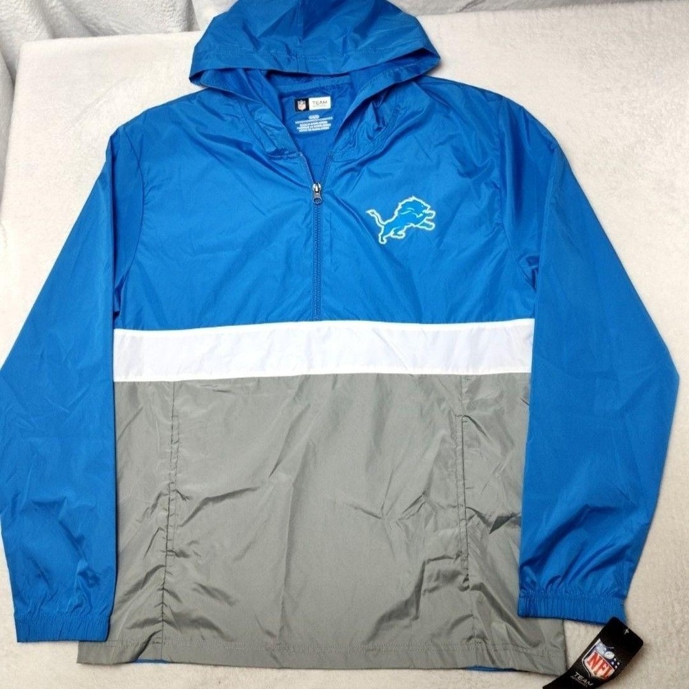 NFL Team Apparel Jacket Mens M Blue Detroit Lions Windbreaker Hooded Pockets